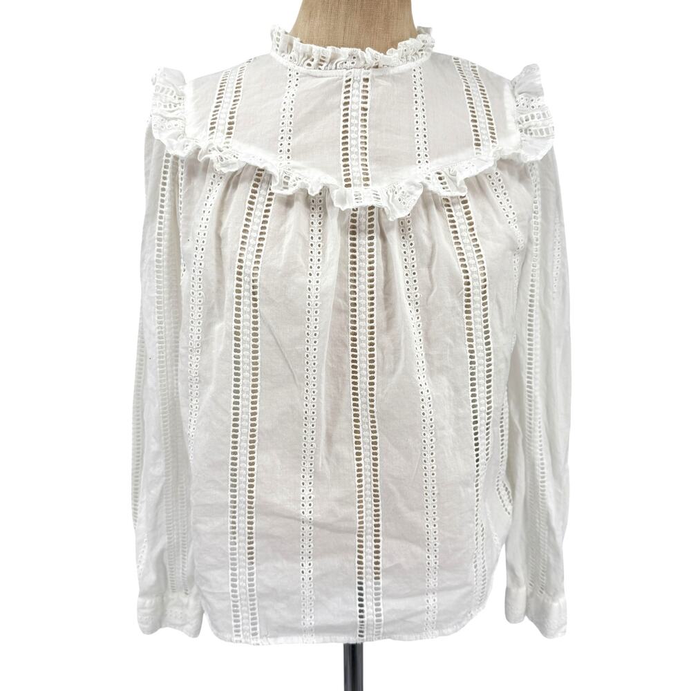 Gap Eyelet Ruffle Victorian Peasant Blouse Top Long Sleeves White Size Small